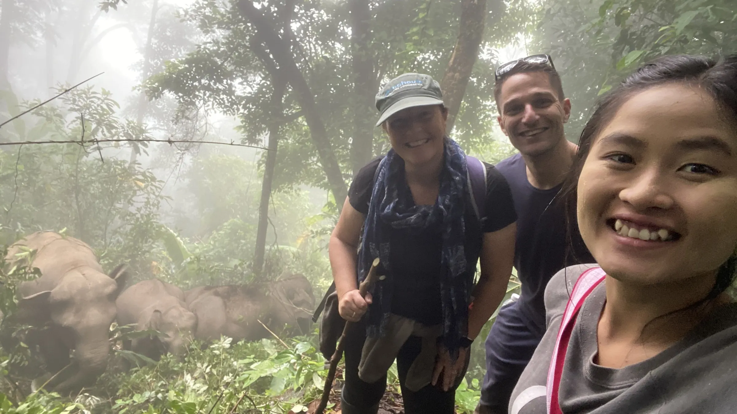 Smiling travellers in the forest with elephants behind them.